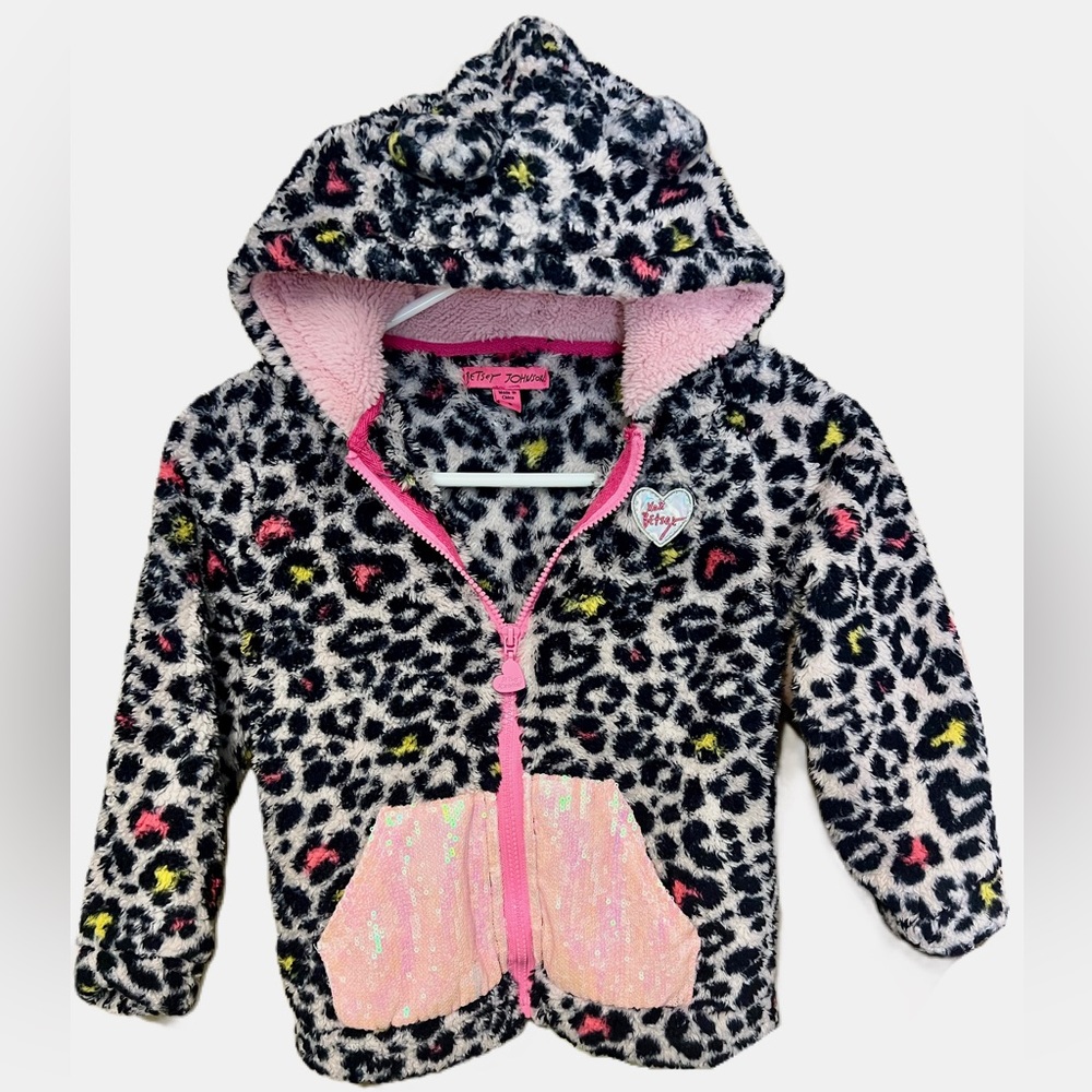 Betsey Johnson Colorful Sherpa Faux Fur Zip-Up Hoodie Kids Size 6 US